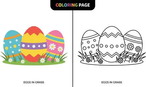 Easter Eggs Coloring Page with Grass and Flowers. Stock Illustration