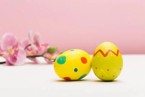 Easter eggs on colour background Stock Photos