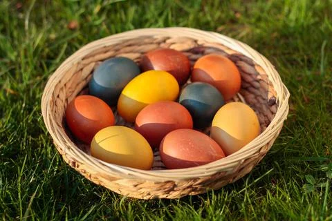 Easter eggs, coloured hen eggs in a wicker basket Stock Photos