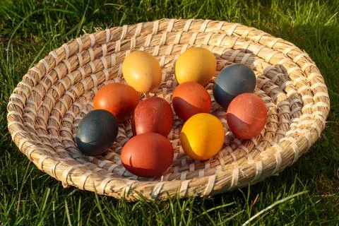 Easter eggs, coloured hen eggs in a wicker basket Stock Photos