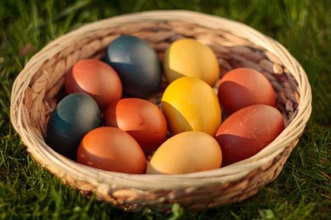 Easter eggs, coloured hen eggs in a wicker basket Stock Photos