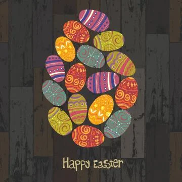 Easter eggs. composed in one egg shape on wooden planks background. vector, e Illustration