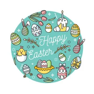 Easter eggs composition. Colorful linear icons on white background. Decorative Stock Illustration