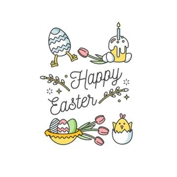 Easter eggs composition. Colorful linear icons on white background. Decorative Stock Illustration