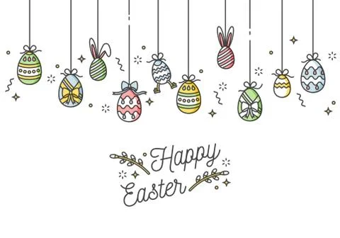Easter eggs composition. Colorful linear icons on white background. Hanging Stock Illustration