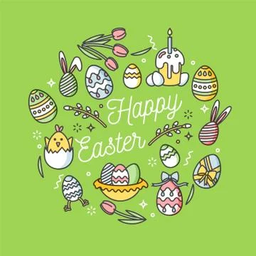 Easter eggs composition. Colorful linear icons on white background. Decorative Stock Illustration