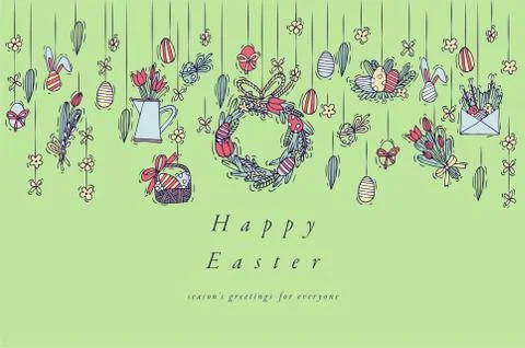 Easter eggs composition. Colorful linear icons on white background. Hanging Stock Illustration