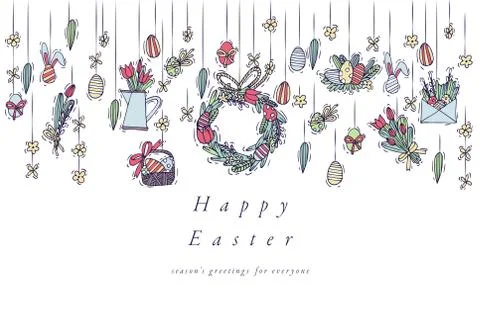 Easter eggs composition. Colorful linear icons on white background. Hanging Illustrazione stock