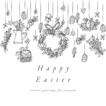 Easter eggs composition. Colorful linear icons on white background. Hanging Stock Illustration