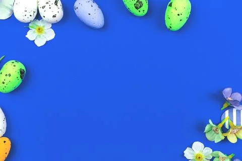 Easter eggs composition, festive border frame with copy space Stock Photos