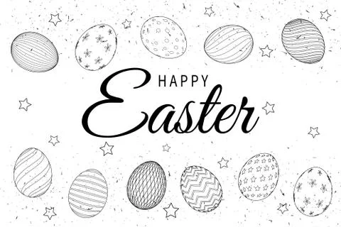 Easter eggs composition hand drawn black on white background. Stock Illustration