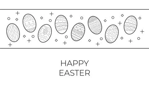 Easter eggs composition hand drawn black on white background. Decorative hori Stock-Illustration