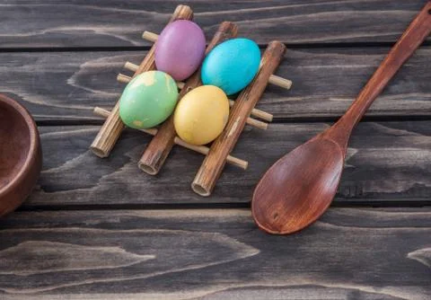 Easter eggs composition on wooden background Stock Photos