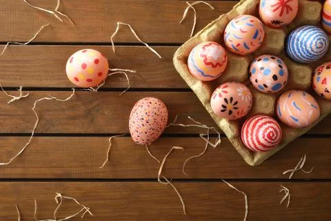 Easter Eggs with Copy Space on Wood 库存照片