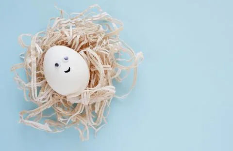 Easter eggs creative flat lay on blue background. Minimal concept. Stock Photos