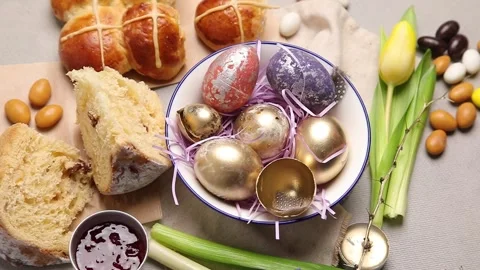 Easter eggs with cross buns. Rotate, top view Stock Footage 262624112