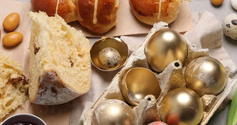 Easter eggs with cross buns. Rotate, top view Stock Footage 262624734