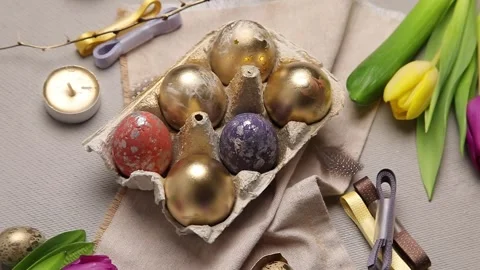 Easter eggs with cross buns. Rotate, top view Stock Footage 263109947