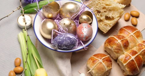 Easter eggs with cross buns. Rotate, top view Stock Footage 265057729
