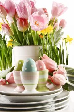 Easter eggs in cups with spring flowers on white Stock Photos