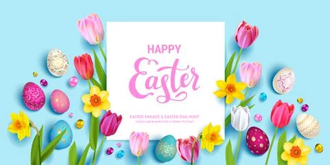 Easter eggs, daffodils and tulips. Stock Illustration