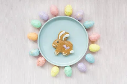 Easter eggs decor and gingerbread bunny cookie Stock Photos