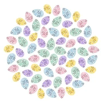 Easter eggs decorated blooming twigs and strings Round festive Background Stock Illustration