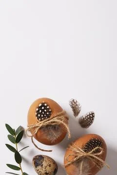 Easter eggs decorated with feathers and twine. Space for your text. Stock Photos