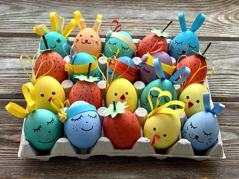 Easter eggs, decorated, in the form of animals. Stock Photos