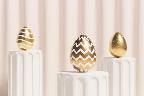 Easter eggs decorated with gold on beige podium, spring April holidays card Stock Illustration