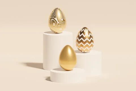 Easter eggs decorated with gold textures on podiums, beige background Stock Illustration