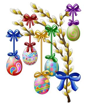 Easter eggs decorated hanging on a tree branch Stock Illustration