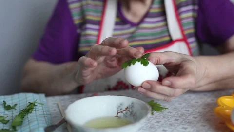 Easter Eggs Decorated with Natural Fresh Leaves Stock Footage 86639465