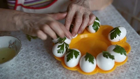 Easter Eggs Decorated with Natural Fresh Leaves Stock Footage 86639488