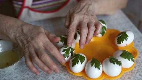 Easter Eggs Decorated with Natural Fresh Leaves Stock Footage 86639507