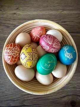 Easter eggs decorated with pysanky patterns in basket Stock Photos