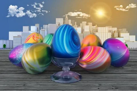 Easter, Eggs decorated for spring festivities - 3D Illustration 스톡 일러스트