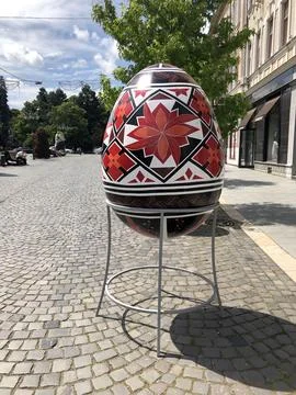 Easter eggs decorated street side view the drawing is made in Ukrainian style Stock Photos