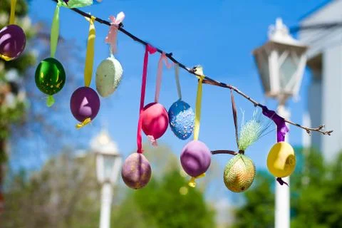 Easter eggs decorated on tree Stock Photos
