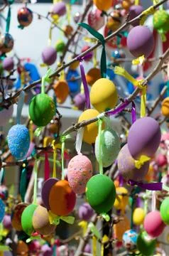Easter eggs decorated on tree Stock Photos