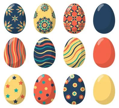 Easter eggs decorated with various simple and complex patterns, set. Vector i Illustrazione stock