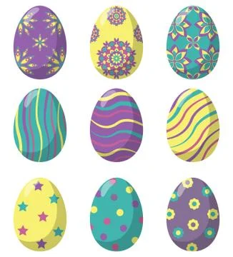 Easter eggs decorated with various simple and complex patterns, set. Vector i Illustrazione stock