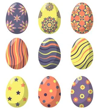 Easter eggs decorated with various simple and complex patterns, set. Vector i Illustrazione stock