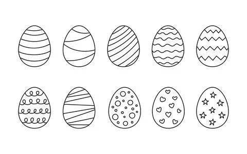 Easter eggs with decoration, line set. Egg in flat hand drawn style. Vector Stock Illustration