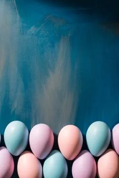 Easter eggs on a deep blue background, flat lay Stock Photos