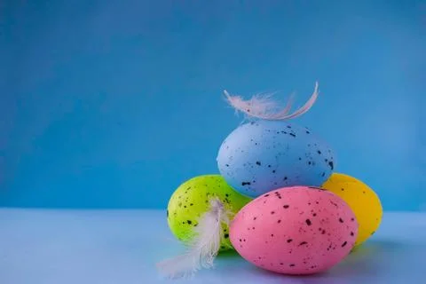 Easter eggs with delicate feathers on a blue background Stock Photos