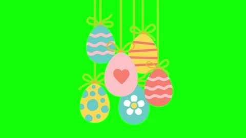 Easter eggs in a doodle style fall on top and hanging on a rope Stock Footage 237618508
