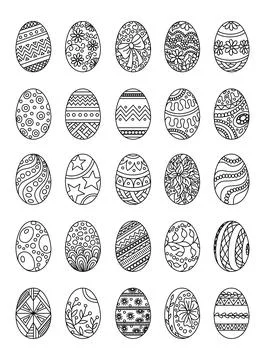 Easter eggs drawn in outline. Easter coloring book. Vector drawings of eggs with 스톡 일러스트