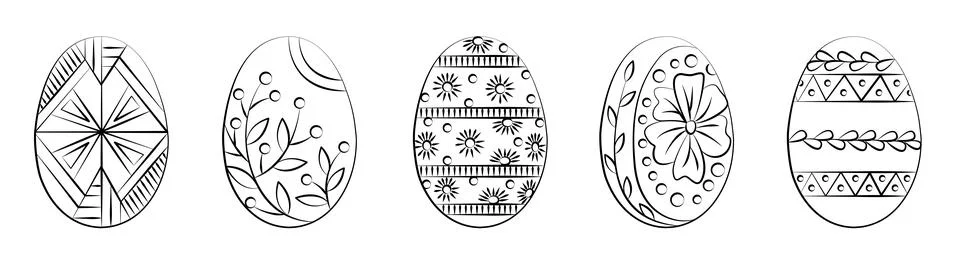 Easter eggs drawn in outline. Easter coloring book. Vector drawings of eggs with Stock Illustration