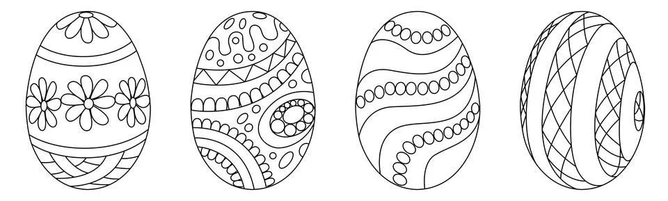 Easter eggs drawn in outline. Easter coloring book. Vector drawings of eggs with 스톡 일러스트